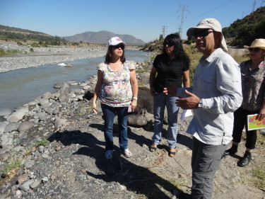 Profesionales junto a docente en terreno analizan ribera de río.